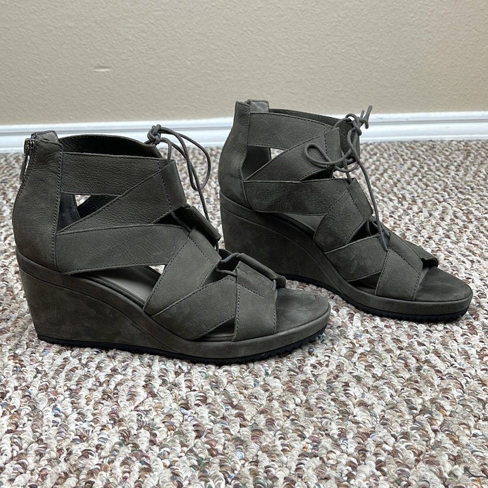 EILEEN FISHER DIBS GREY SUEDE LEATHER LACE-UP WEDGE SANDALS - Picture 2 of 9